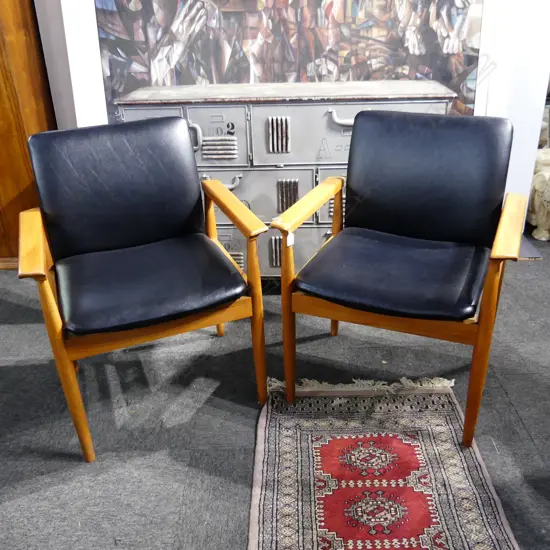 PR REPLICA FINN JUHL DIPLOMAT STYLE ARMCHAIRS - BLACK VINYL UPHOLSTERY