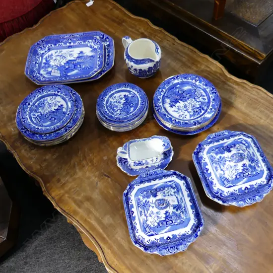 BURLEIGH WARE B/W WILLOW PAT. DINNER SERVICE GOLD TRIM...