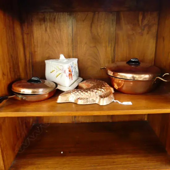 2 LIDDED COPPER PANS 260mm dia, FISH MOULD, CHEESE DOME