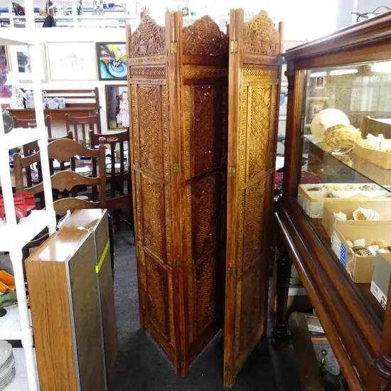 CARVED WOODEN 4 PANEL SCREEN 510x1840mm