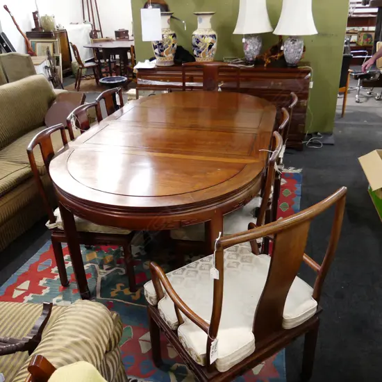 CHINESE ROSEWOOD DINING TABLE w. 2 LEAVES & 8 CHAIRS 2050x1170mm