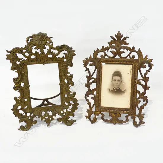 TWO VICTORIAN BRASS PHOTO FRAMES ONE WITH A PORTRAIT OF MARGARET ANNE TAYLOR/MERCER