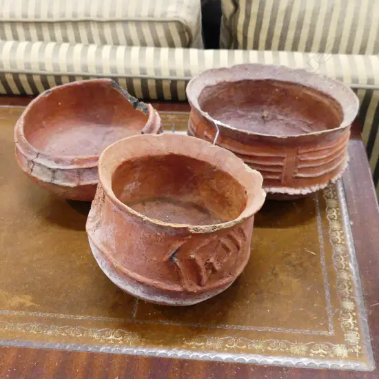 3 PNG PIT FIRED TERRACOTTA BOWLS 200mm dia - some faults