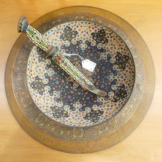 4 MIDDLE EASTERN PCES; 2 BRASS TRAYS 400mm dia, BOWL, ENAMELLED KNIFE L.270mm