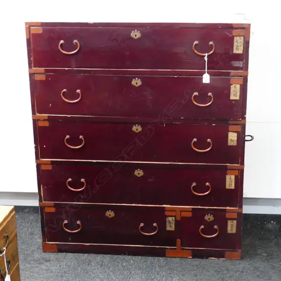 OLD JAPANESE TANSU CHEST . FIVE FULL WIDTH DRAWERS WITH LACQUER PLUM FINISH . 1000X860mm