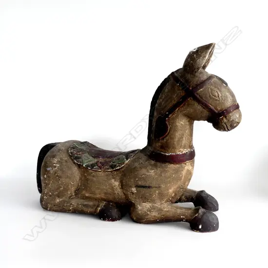 LGE CARVED & PAINTED WOOD RECUMBENT DONKEY L.610mm