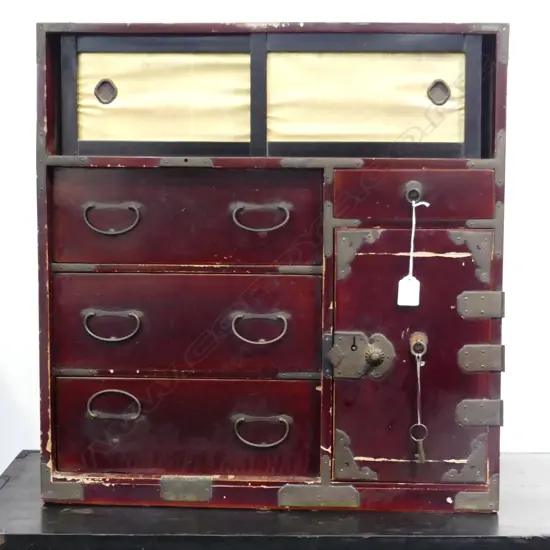 OLD JAPANESE COLLECTOR'S/BEDSIDE CABINET. WITH DARK PLUM LACQUER FINISH. FOUR DRAWER. 580X610mm