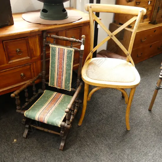 CHILDS VINTAGE ROCKING CHAIR + A CANE PARLOUR CHAIR