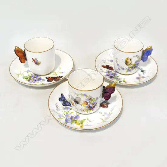 3 ROYAL WORCESTER SIGNED H/PAINTED BUTTERFLY HANDLE COFFEE CUPS & SAUCERS