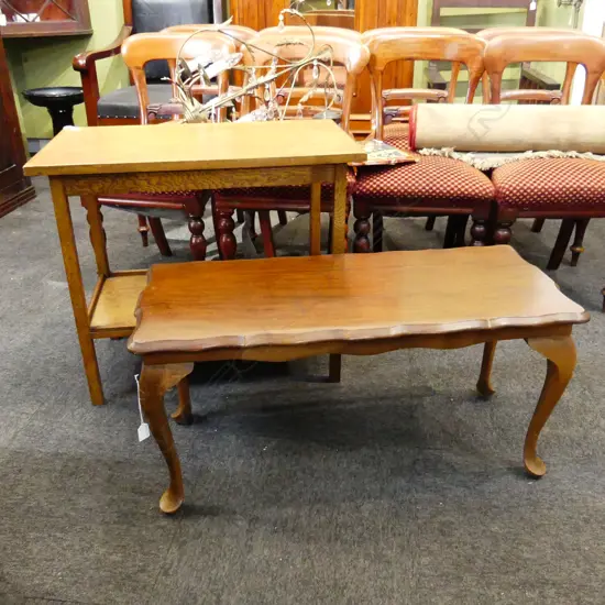 OAK SIDE TABLE, LEATHER TOP 780x455x670mm + QUEEN ANNE STYLE COFFEE TABLE W.900mm