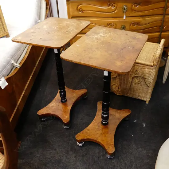 TWO 19thC  OCCASIONAL TABLES WITH AMBOYNA VENEER ( DAMAGED) ON QUATRAFOIL BASES & FAUX BAMBOO EBONISED COLUMNS. H. 760mm