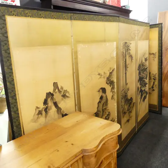 JAPANESE 19thC HAND PAINTED FOLDING 6 PANEL SCREEN DEPICTING CHINESE TALES...