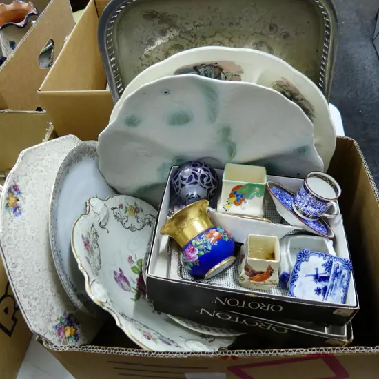 BOX LOT ASST. CHINA; PLATES, 2 OROTON BAGS, BOXED + SILVER OVERLAY glass perfume bottle damaged etc