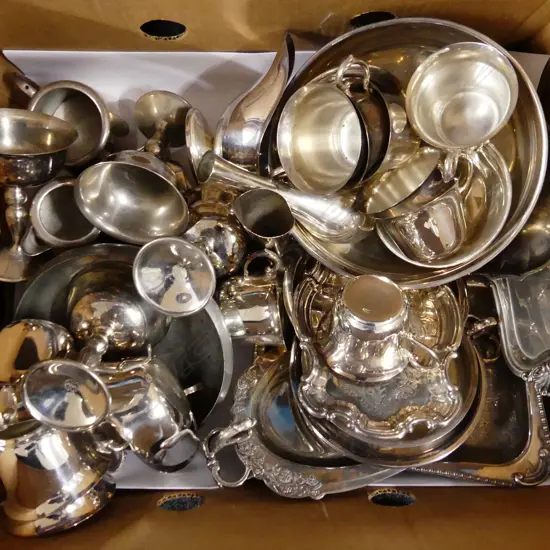 BOX LOT ASST SILVER PLATE, CUPS, DISHES, BOWLS, PLATES, TRAYS ETC..