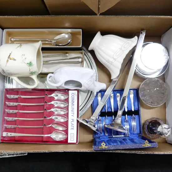 BOX LOT ASST. EP; CASED CUTLERY, CHINA ETC