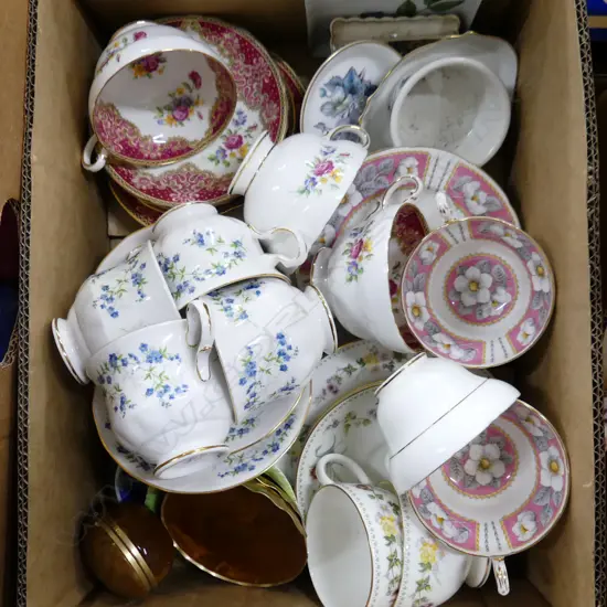 BOX FINE CHINA ETC. Part tea sets + small dishes