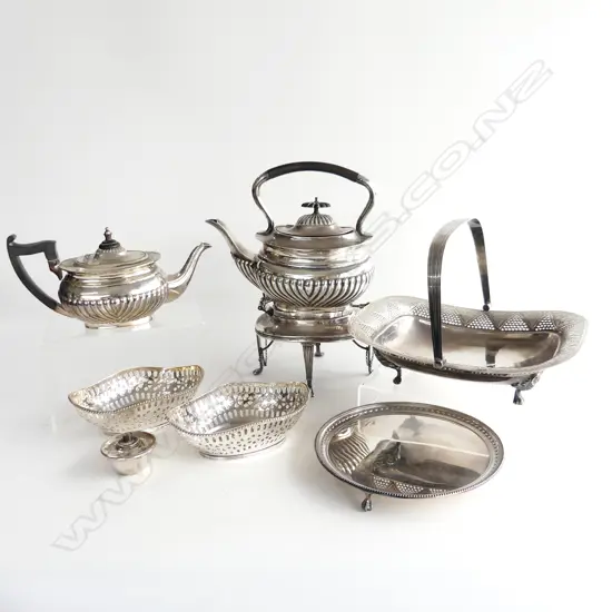 BOX OF SILVERPLATE, INCL. REGENCY STYLE SPIRIT KETTLE & TEAPOT, SWING BASKET & SALVER