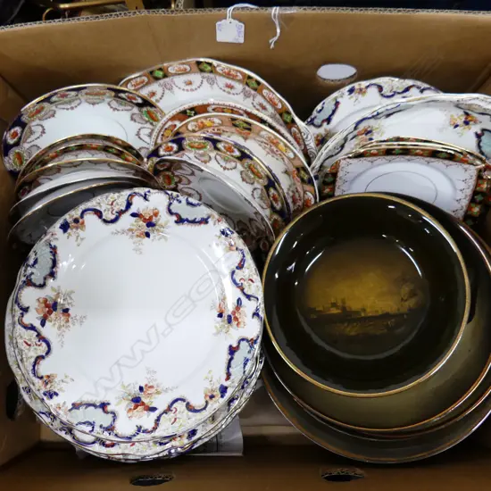 BOX OF CHINA INCLUDING 11 ROYAL VISTA WARE PLATES RIDGWAY ' VALOIS' AND ENGLISH 'DEAN' PATTERN.