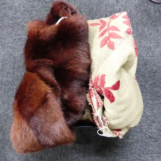 LARGE FABRIC SECTION WITH EMBROIDERED RED VELVET DETAIL & FUR STOLE IN PRADA BOX.