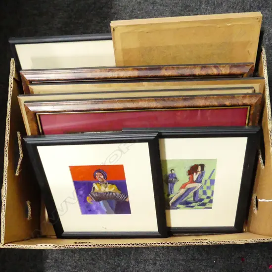 BOX LOT ENGRAVINGS HUNTING PRINTS & 2 SMALL OILS