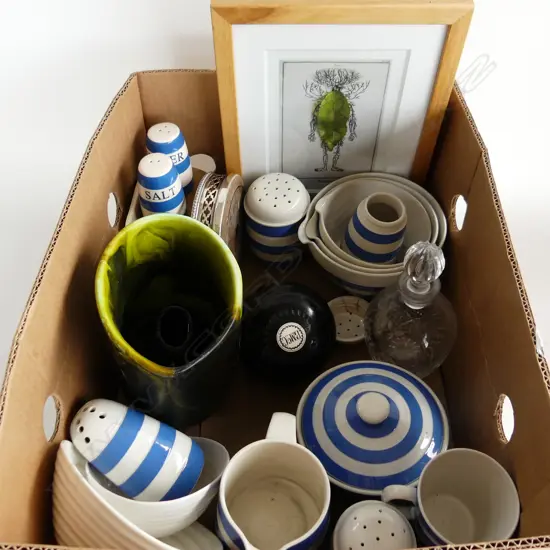 BOX LOT ASST. CORNISH WARE (MOSTLY GREEN LABEL) ETC
