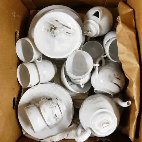 ORIENTAL FINE EGG SHELL CHINA TEA SET,  TEAPOT, 11 CUPS, 9 SAUCERS, 14 PLATES, JUG, SUGAR BOWL & RICE BOWL