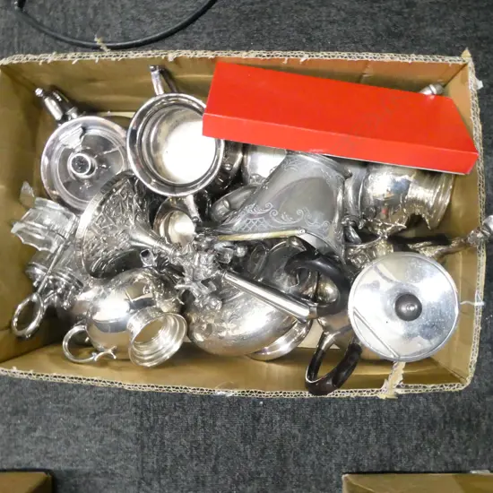 BOX LOT SILVER PLATE. TEAPOTS COFFEE POTS EPERNE WITH PUTTEE CRUET ETC.