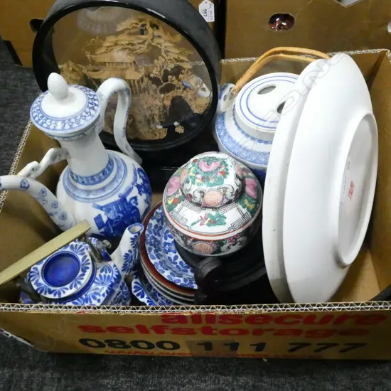 BOX LOT ASST. ORIENTAL ITEMS; PLATES, TEA POTS ETC