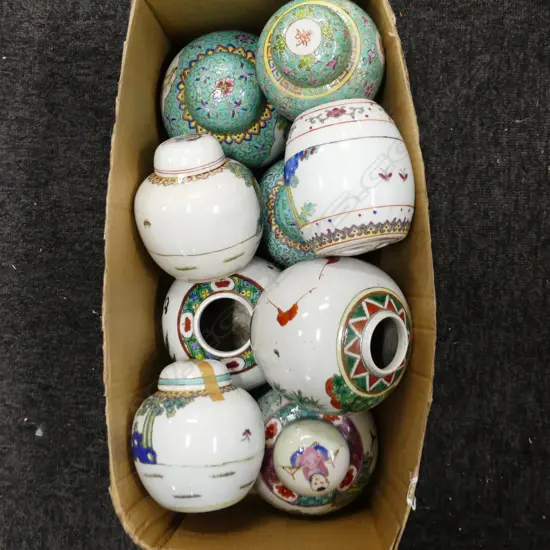 BOX LOT NINE MODERN CHINESE GINGER JARS SOME LIDDED.