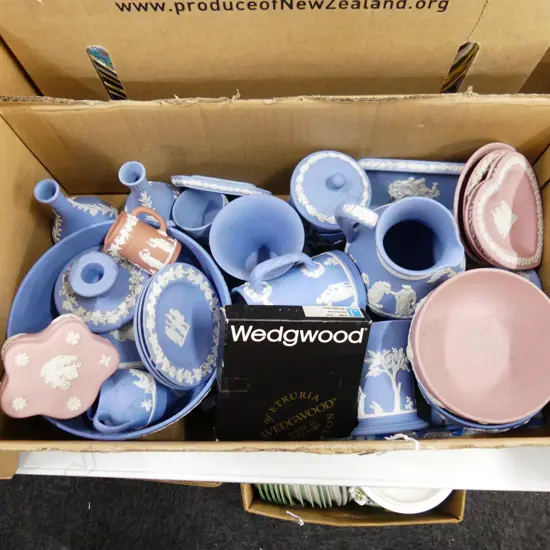 BOX LOT OF WEDGWOOD BASE RELIEF WARE. MOSTLY BL/WH AND SOME PUCE COLORED.