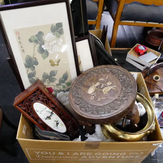 BOX LOT ASST. ORIENTAL ITEMS, SMALL CARVED WOODEN ELEPHANT STOOL ETC