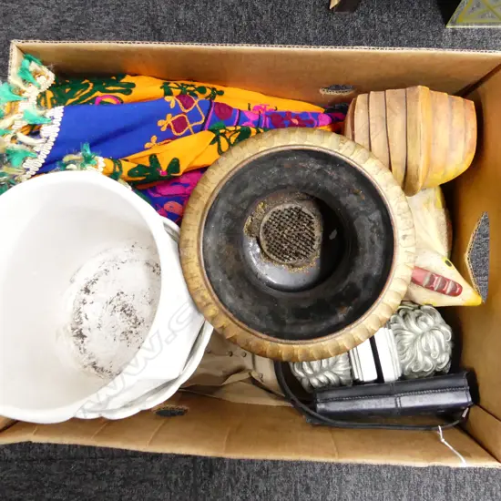BX OF CARVED WOODEN CHICKEN + CHERUB BOOKENDS+MINOLTA CAMERA+WHITE PLANTERS ETC