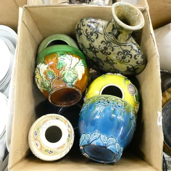 BOX LOT OF MOSTLY ORIENTAL VASES JAPANESE AWAJI CHINESE ETC.
