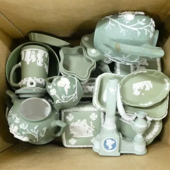 LARGE QUANTITY GREEN WEDGWOOD BASE RELIEF CHINA . JUGS LIDDED CONATINERS AND DISHES PLUS 4 UNRELATED FRENCH GREEN ITEMS.