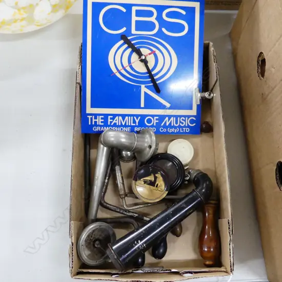 BOX LOT ASST. GRAMOPHONE PARTS + CBS CLOCK