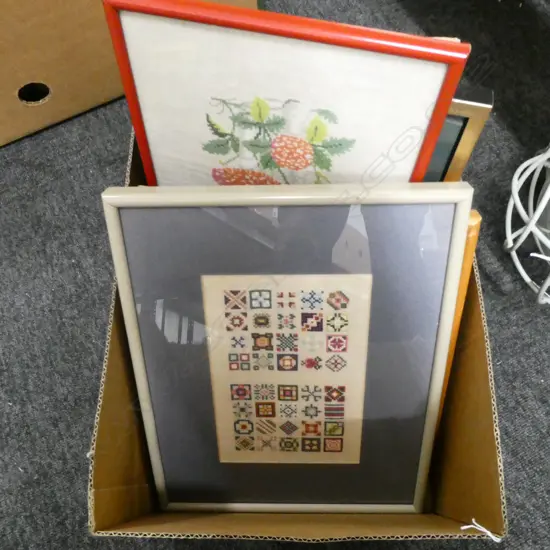 BOX LOT ASST. FRAMED EMBROIDERED ARTWORKS