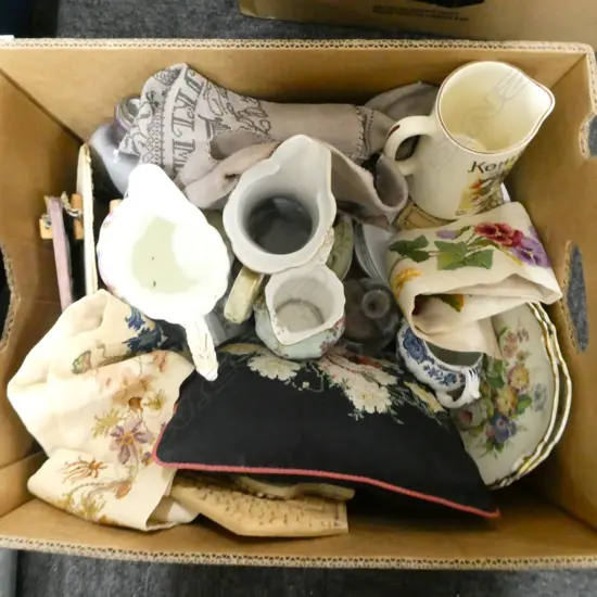 BOX LOT ASST. CHINA, EMBROIDERY ETC