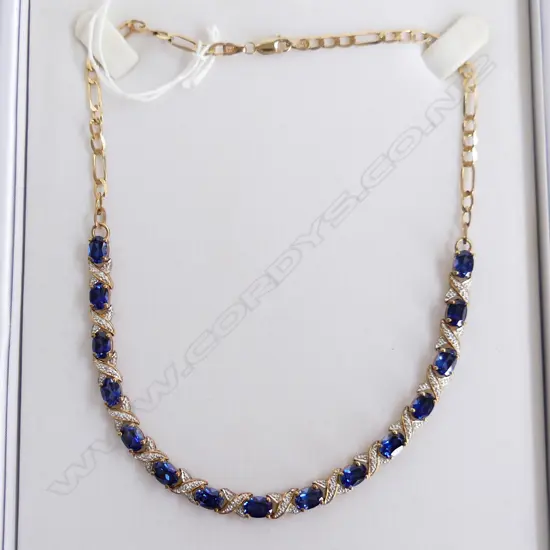 9ct GOLD 15 SAPPHIRE ? & DIAMOND MULTI STONE NECKLACE 15.2gms