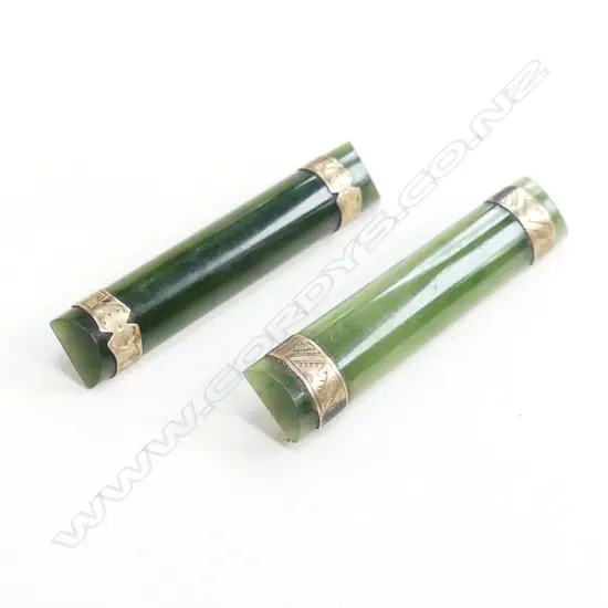 2 C1900 POUNAMU & GOLD BAR BROOCHES