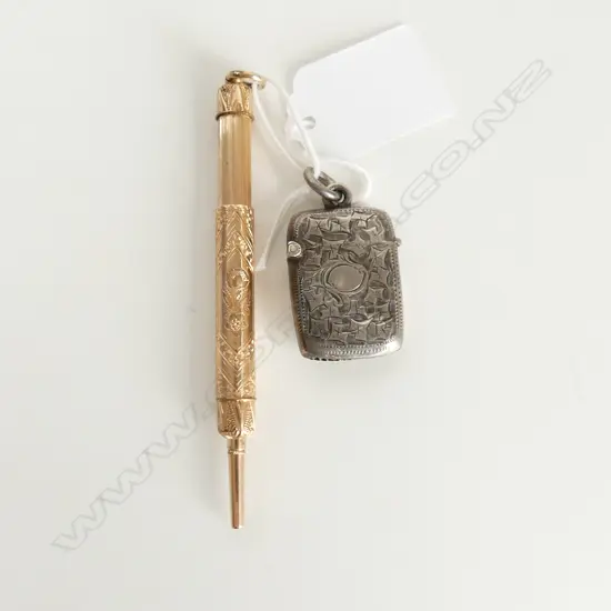 ANTIQUE GILT PROPELLING PENCIL & SILVER VESTA