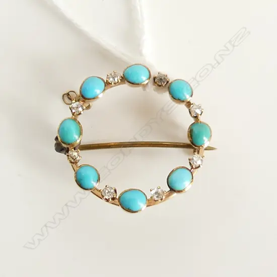 c1900 9CT + GOLD TURQUOISE & OLD DIAMOND CIRCLE BROOCH 3.35GMS