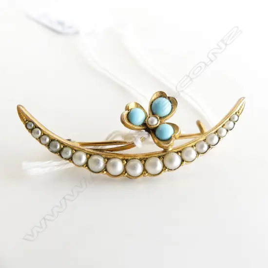 EDWARDIAN GOLD PLATED PEARL & TURQUOISE BROOCH