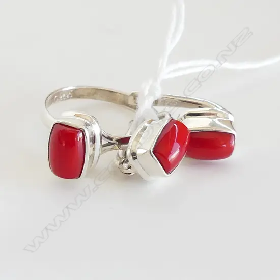 3 PC SET; RED CORAL & 925 SILVER SET RING & EARRINGS
