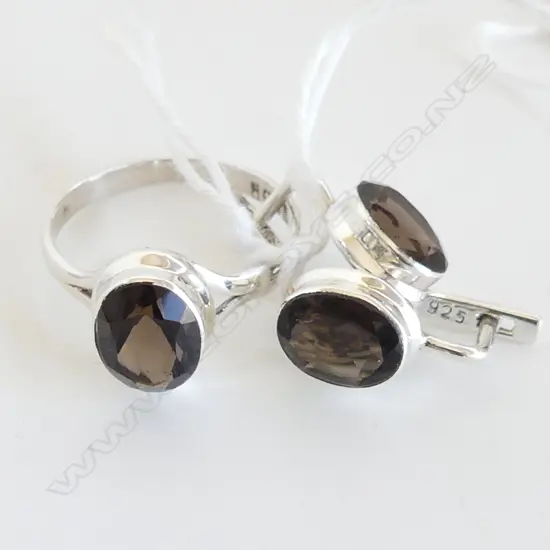3 PC SET; SMOKY TOPAZ 925 SILVER SET RING & EARRINGS