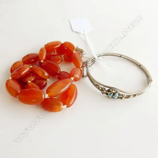 CARNELIAN BEAD NECKLACE AND EDWARDIAN SILVER BANGLE MISSING PEARLS