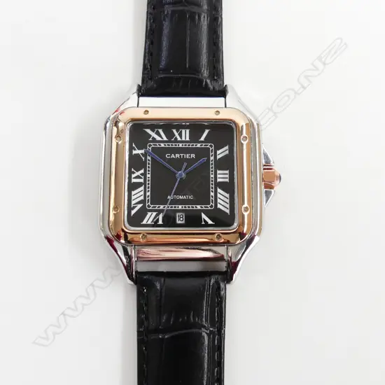 QUALITY MEN'S REPLICA WATCH, ROSE GOLD & SILVER PLATED, BLACK LEATHER STRAP, WORKING