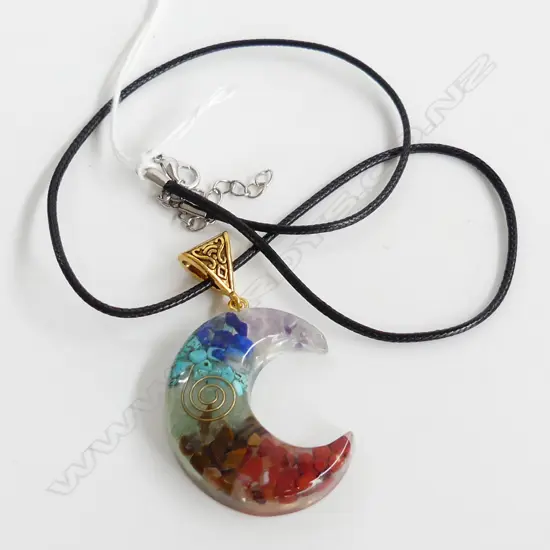 RESIN CRESCENT MOON PENDANT DEPICTING ENERGY, LEATHER NECKLACE