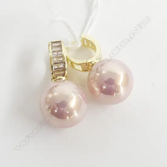 LG PINK FAUX PEARL, CZ & GOLD GILD DROP EARRINGS