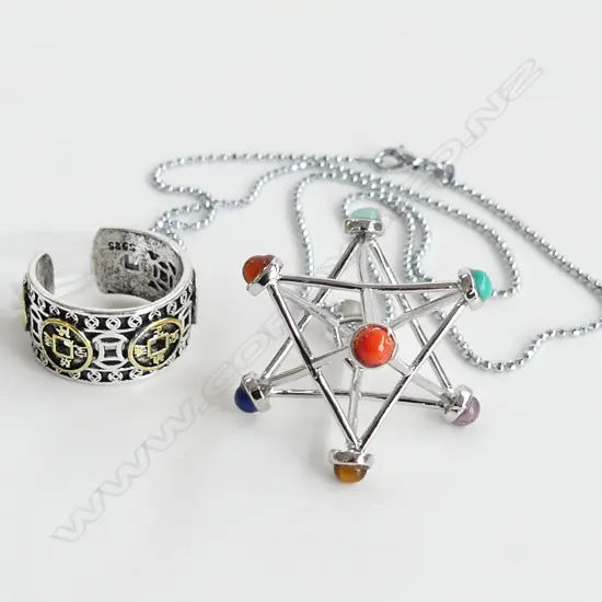 7 CHAKRA & SILVER PLATE PENDANT WITH MERKABA & SILVER PLATED REIKI RING 