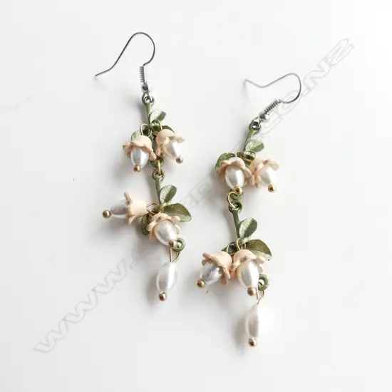 GOLD GILT, FAUX PEARL & ENAMEL LILY OF THE VALLEY DROP EARRINGS 